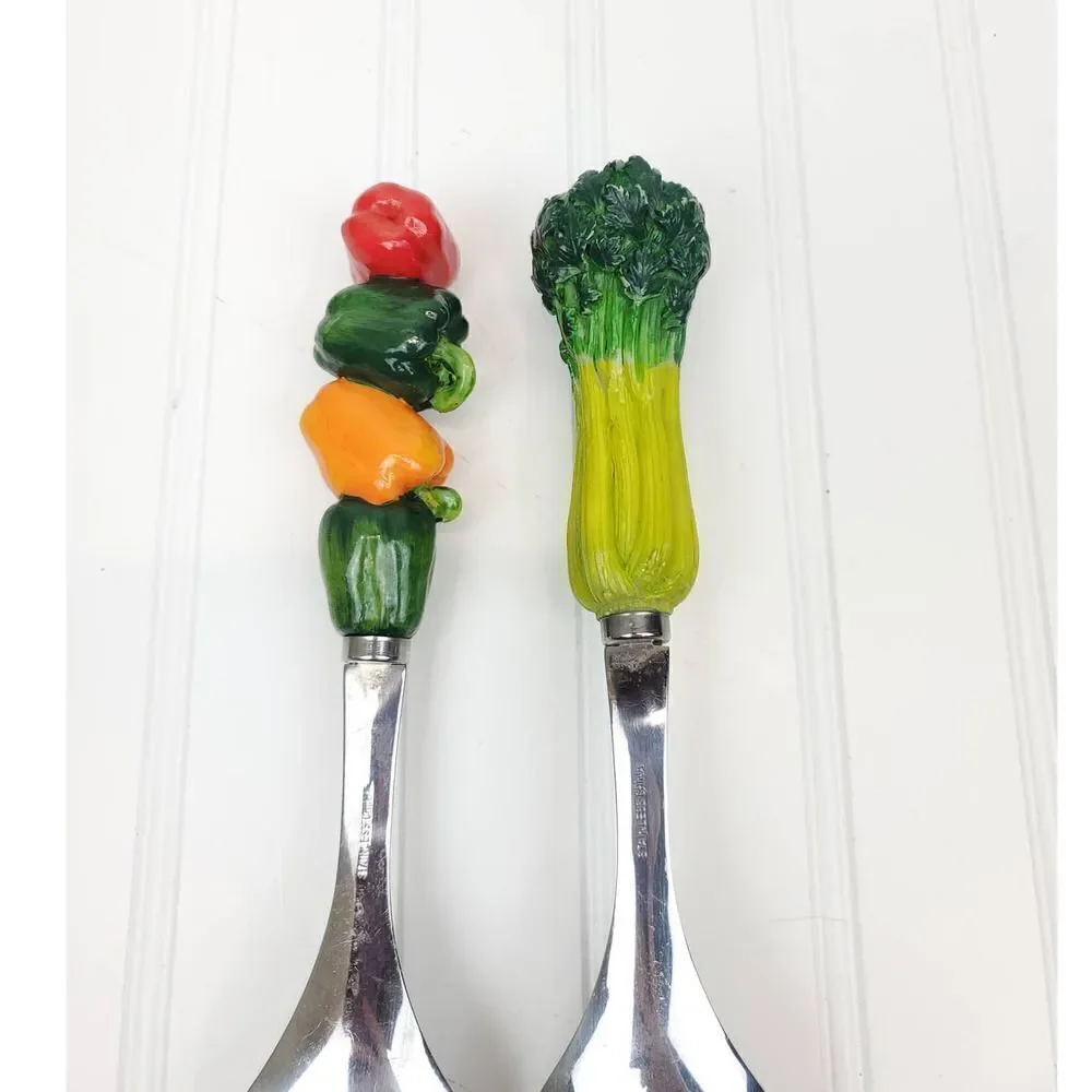 Stainless Steel Salad Servers with Vegetable Handles